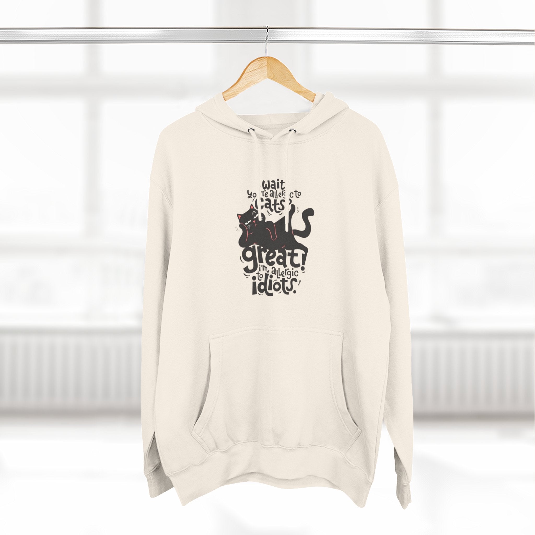 Funny Three-Panel Fleece Hoodie for Cat Lovers, Sarcastic Allergic to Idiots Design, Cat Mom Gift, Hooded Sweatshirt, Animal Lover Apparel