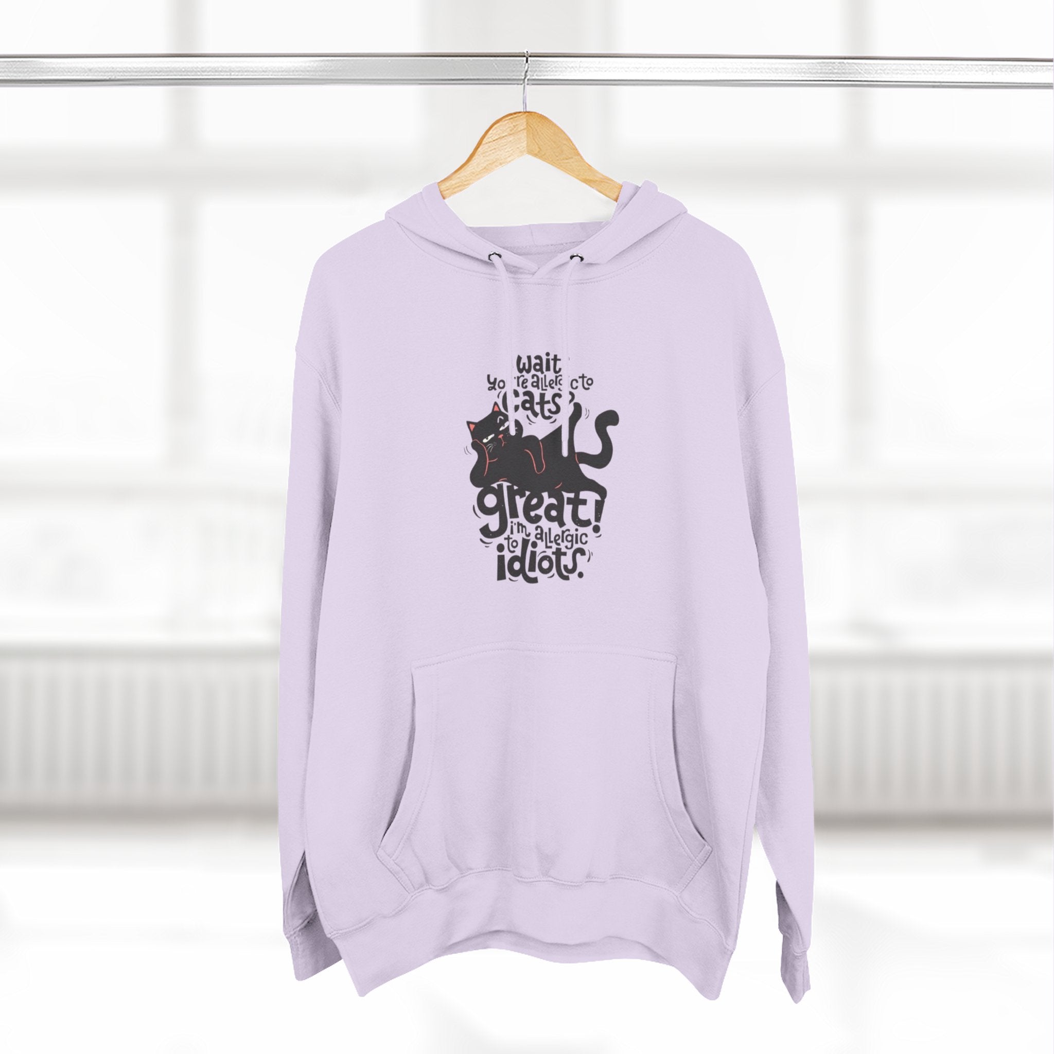 Funny Three-Panel Fleece Hoodie for Cat Lovers, Sarcastic Allergic to Idiots Design, Cat Mom Gift, Hooded Sweatshirt, Animal Lover Apparel